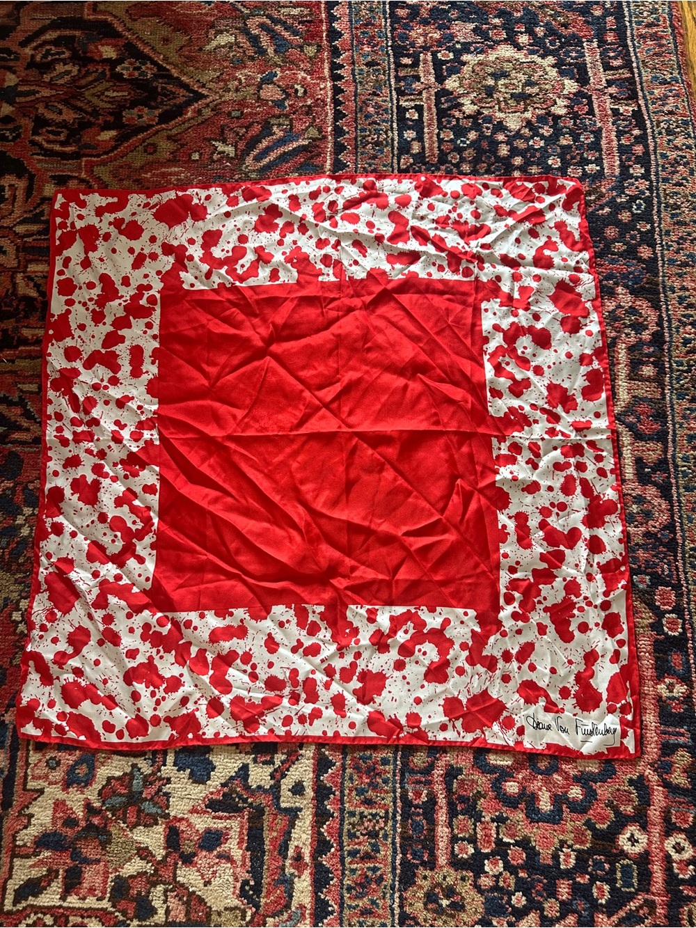 VTG Diane von Furstenberg DVF Silk Scarf Paint Blood Splatter Red White Rare